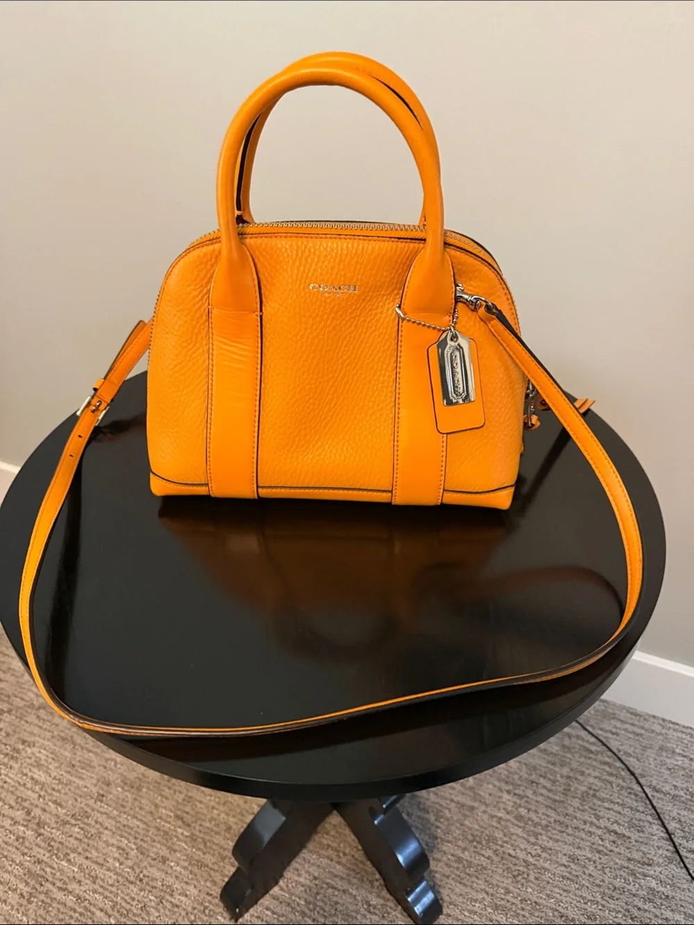 Coach Bleeker Mini. Orange Pebbled Leather Satchel with Detachable Strap